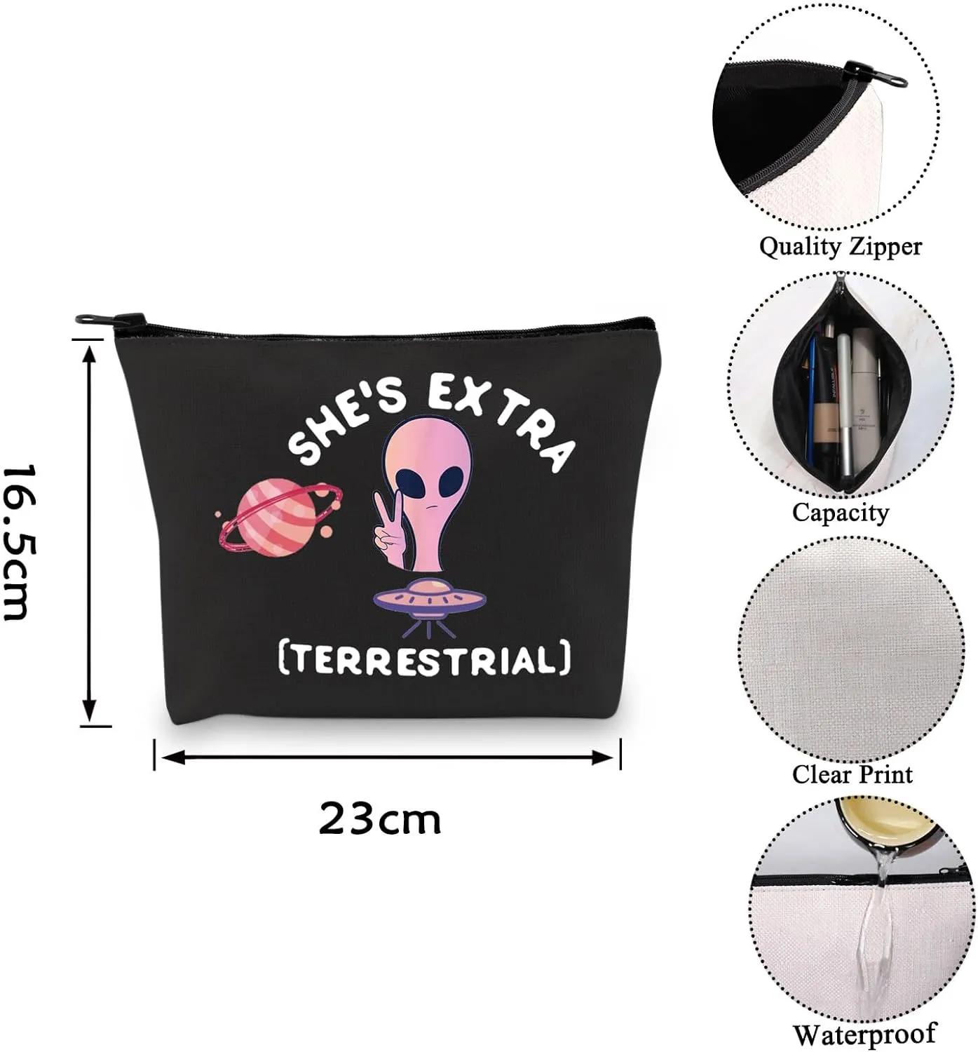 VAMSII Alien Makeup Bag She's Extra Terrestrial Cosmetic Bag Alien Gifts for Women Alien Lover Gifts Zipper Pouch(BLK-TERRESTRIAL