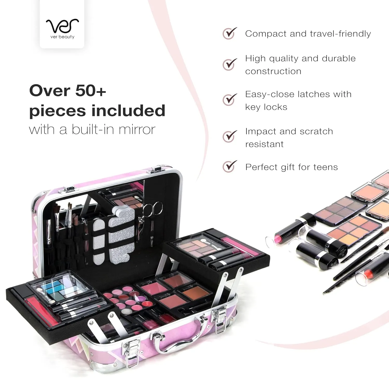 VER Beauty Carry All Makeup Train Case Pro Makeup Full Set Brushes Eyeshadows Blushes Lip Stick Gloss Balm Tweezer Nail Filer Clipper Scissor Separator Mirror (Beauty Junkie)