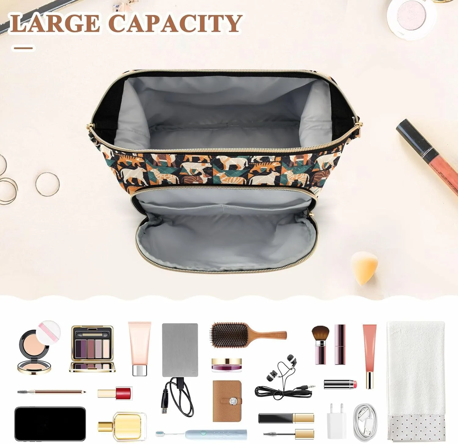 Women’s Cosmetic Bag with Wide-Open Top Quilted Puffer Design Multiple Compartments