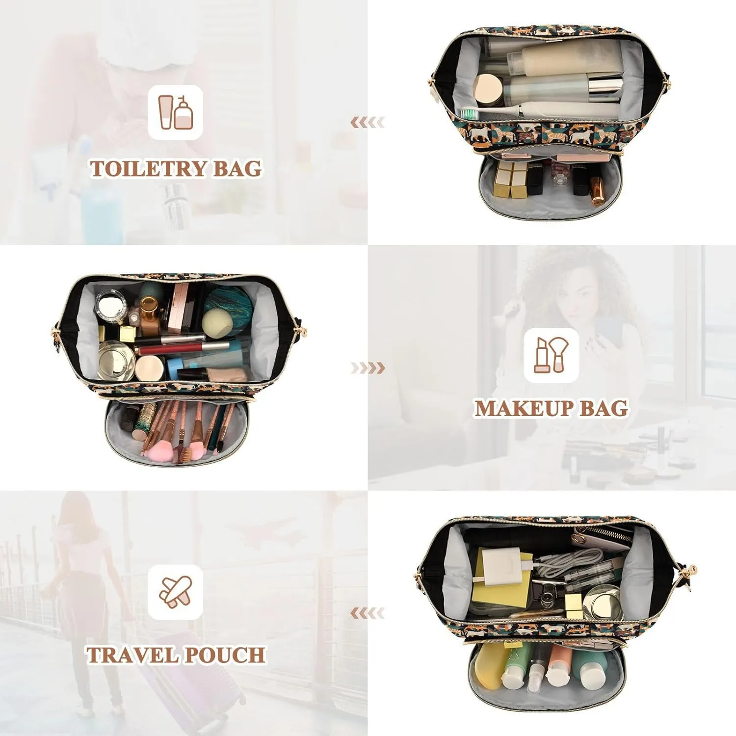 Women’s Cosmetic Bag with Wide-Open Top Quilted Puffer Design Multiple Compartments
