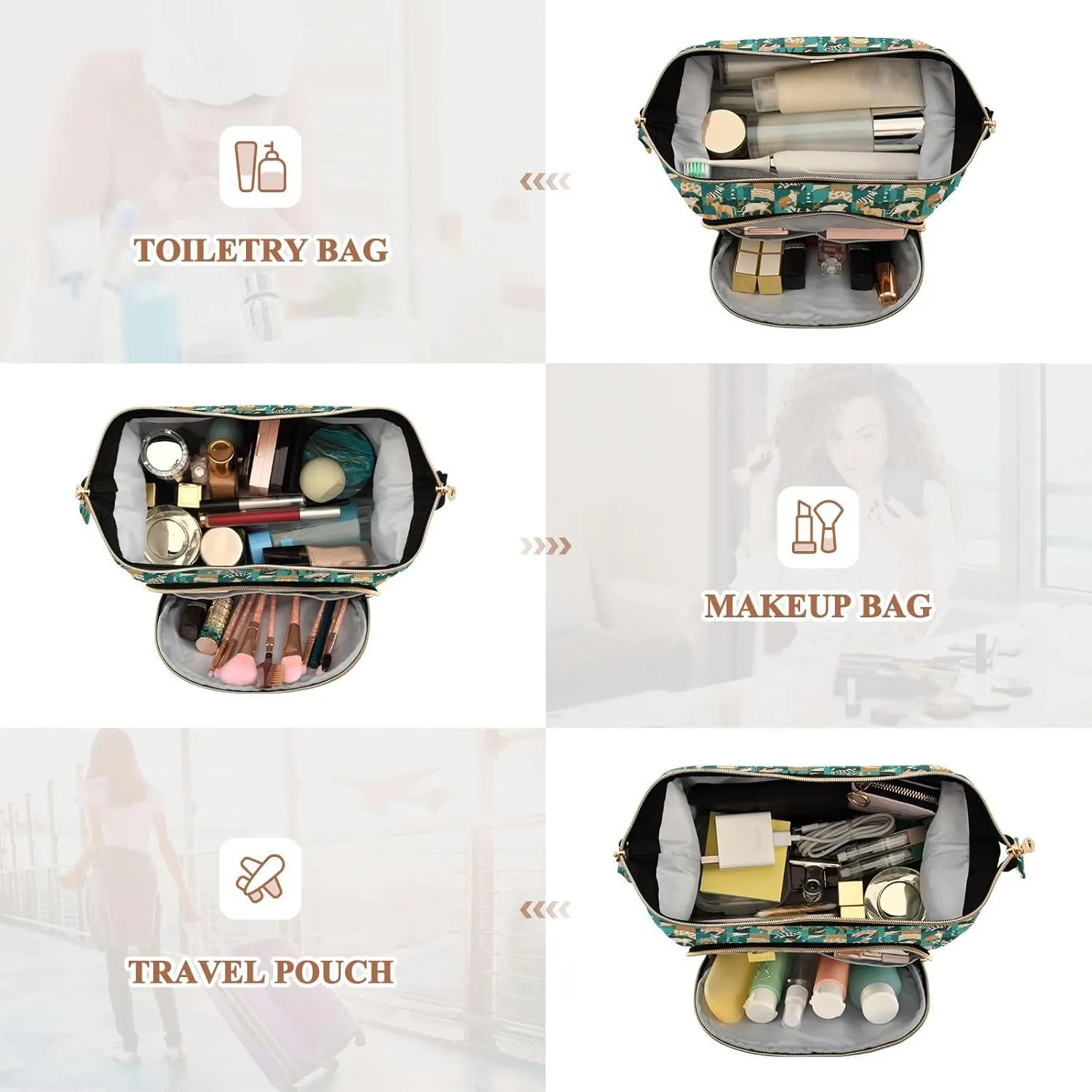 Women’s Cosmetic Bag with Wide-Open Top Quilted Puffer Design Multiple Compartments