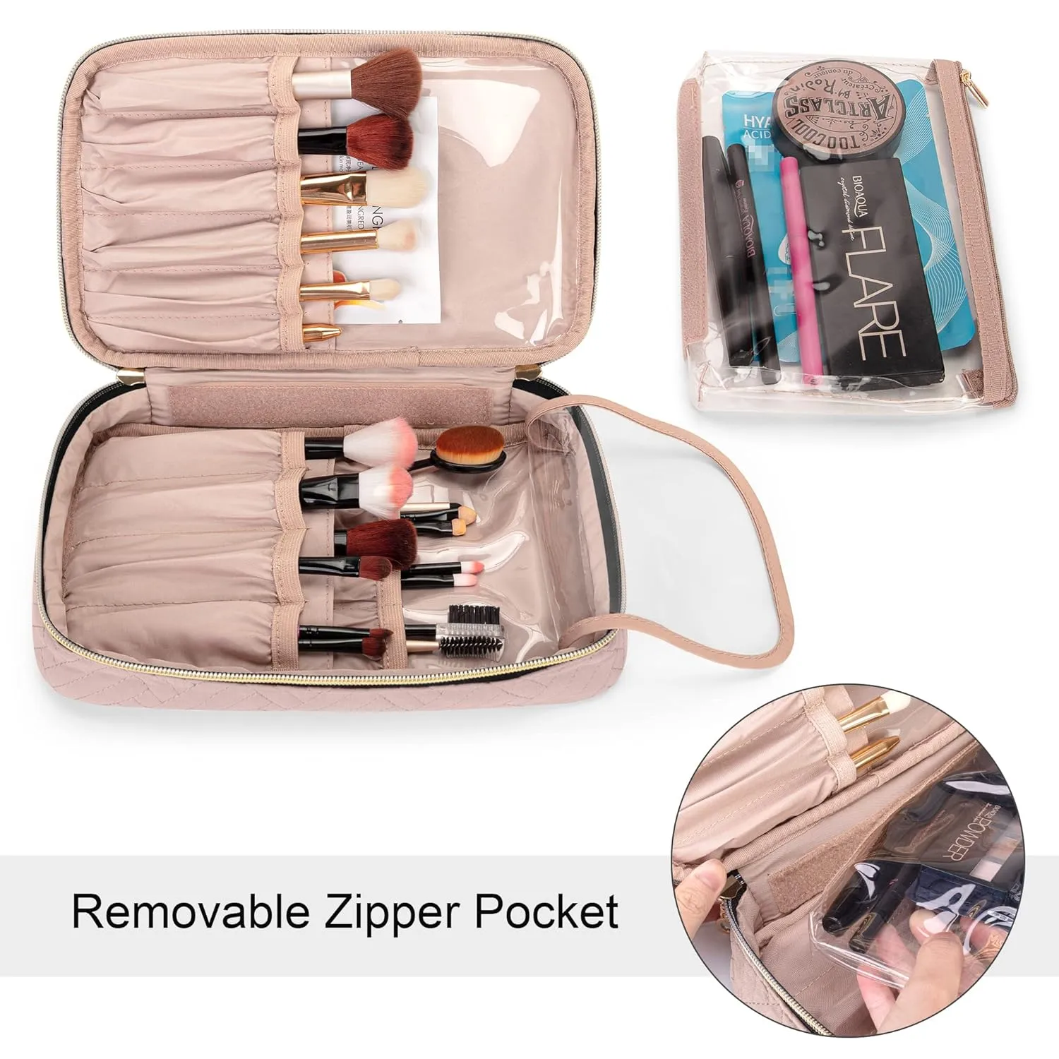 Yarwo Travel Makeup Brushes Bag, Portable Cosmetic Bag for Makeup Brushes (up to 9.4") and Cosmetic Essentials, Dusty Rose (BAG ONLY, PATENTED DESIGN)