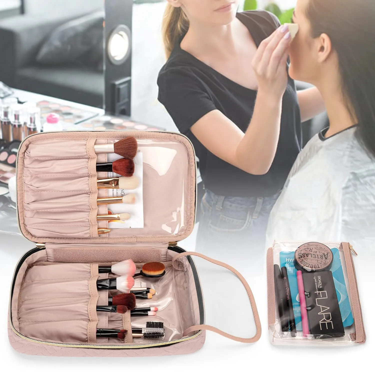 Yarwo Travel Makeup Brushes Bag, Portable Cosmetic Bag for Makeup Brushes (up to 9.4") and Cosmetic Essentials, Dusty Rose (BAG ONLY, PATENTED DESIGN)