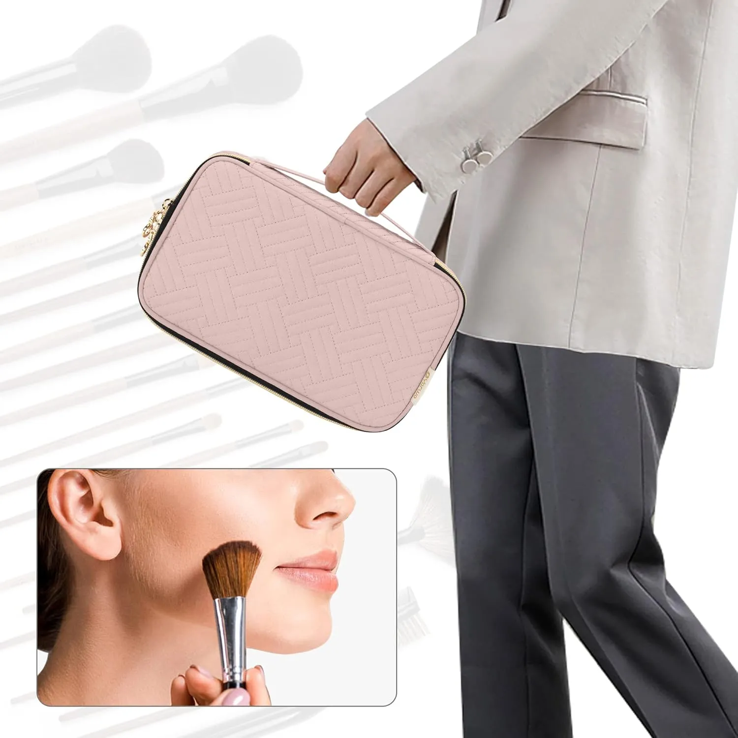 Yarwo Travel Makeup Brushes Bag, Portable Cosmetic Bag for Makeup Brushes (up to 9.4") and Cosmetic Essentials, Dusty Rose (BAG ONLY, PATENTED DESIGN)